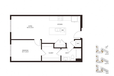 Floor plan for 1 bed, 1 bath, 808 sqft